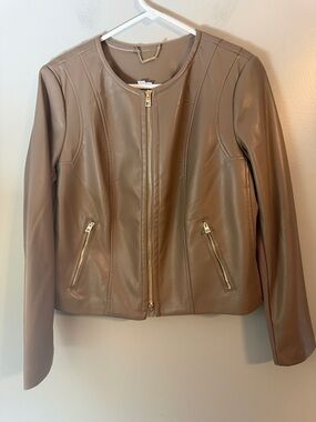 Chico's NEW Faux Leather Knit Detail Jacket Tan Size 8